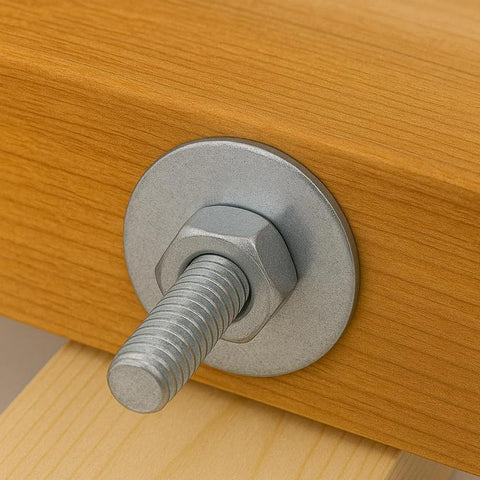 Stainless steel bolt with large flat fender washer and hex nut installed on wood panel