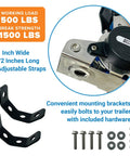 Heavy Duty Stainless Steel Retractable Ratchet Straps Set 1 Inch By 72 Inch with mounting brackets, bolts, and specifications.