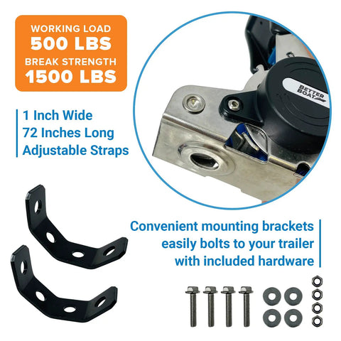 Heavy Duty Stainless Steel Retractable Ratchet Straps Set 1 Inch By 72 Inch with mounting brackets, bolts, and specifications.