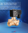 Three Eighths Inch NPT Solenoid Valve 24 Volt DC Brass Normally Closed Multi Purpose Control Valve For Water Air And Gas Built Tough With Durable Brass Construction Not For Potable Water Use displayed in a blue background with product features highlighted