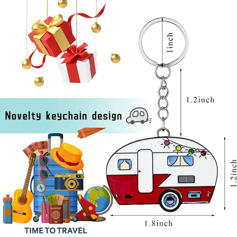 Double Sided RV Camper Keychain Set 2 Pack Retro Travel Trailer Metal Key Rings with gift boxes and travel icons, dimensions shown