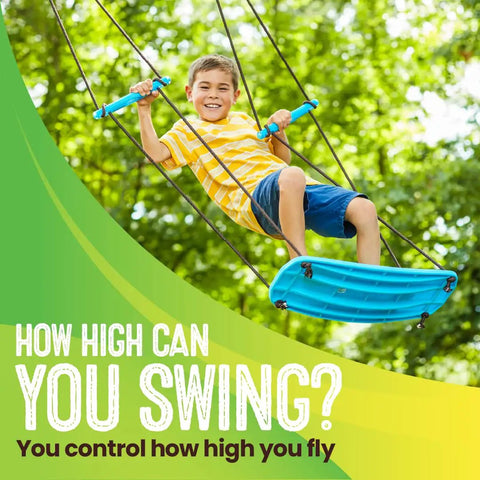 Boy swinging on Kick Stand Up Tree Swing For Backyard And Outdoor Swingsets Kid Friendly Platform Swing With Adjustable Handles