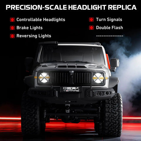 1/12 Scale RC Crawler Ready for Off Road Action Rock Truck with headlights, GWM Tank 300 inspired, showcasing replica lighting features