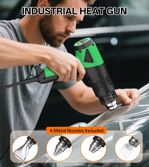 1800W Industrial Heat Gun With Lightning Fast Heat Up 122F To 1202F Variable Temperature Control held by person on vinyl wrap
