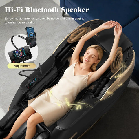 Person relaxing in 4D Full Body Massage Chair For Next Level Comfort With SL Track Shiatsu Zero Gravity Recliner AI Control Heating.
