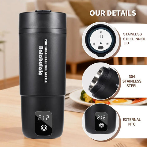Black travel electric kettle with six temperature presets from 113 to 212 Fahrenheit, portable water boiler, silicone base cover.