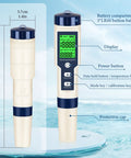 Five In One pH Meter And TDS Meter Digital Water Tester With detailed labeled parts and measurements against water backdrop