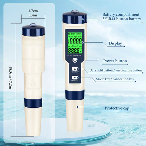 Five In One pH Meter And TDS Meter Digital Water Tester With detailed labeled parts and measurements against water backdrop
