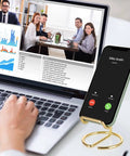 Gold Metal Phone Stand For Desk, Cute Desktop Holder For All Phones, iPhone, iPad, Hands Free Viewing, One Piece Design, No Assembly, Premium Electroplated Finish, Sturdy Desk Accessory next to laptop
