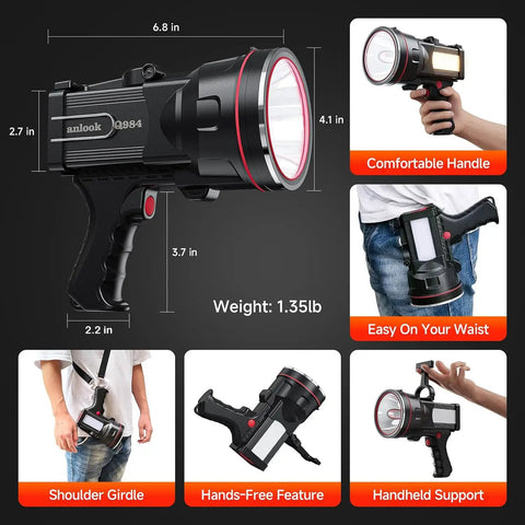 Rechargeable Spotlight Flashlight With COB Light And Foldable Stand For Boating Camping Hunting And Fishing; dimensions and usage