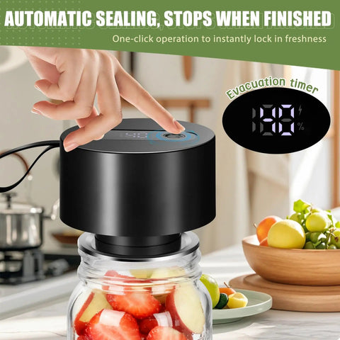 Gurithe Electric Mason Jar Vacuum Sealer With Smart Auto Stop Technology For Fresh Food Storage fits a jar with fruit being sealed.