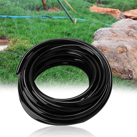 10M Garden Drip Irrigation Hose Kit, PVC Flexible Tubing 8 To 11 mm, black coil on lush green lawn