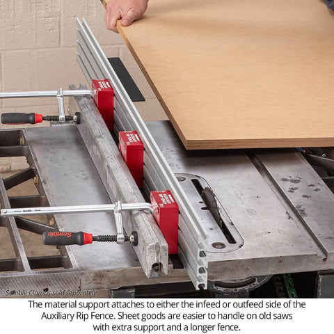 Auxiliary Rip Fence 48 Inch Table Saw Extension For Infeed Or Outfeed Material Support With Built In T Track Slots And Sliding Clamping Blocks Pro Grade USA Made ARF 48 installed on table saw
