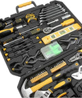 Close-up of 158-Piece Socket Wrench Auto Repair Tool Set With Toolbox Storage Case, organized tool kit in black case