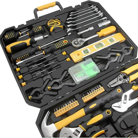 Close-up of 158-Piece Socket Wrench Auto Repair Tool Set With Toolbox Storage Case, organized tool kit in black case