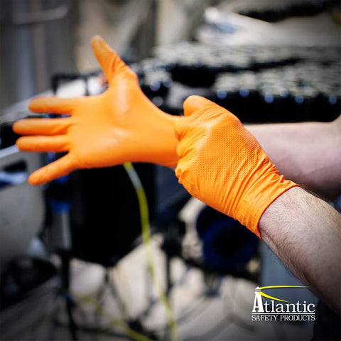Person wearing Outrageous Orange Heavy Duty Disposable Nitrile Gloves 8 Mil Latex Free Powder Free Ambidextrous Orange Large 1000 Count