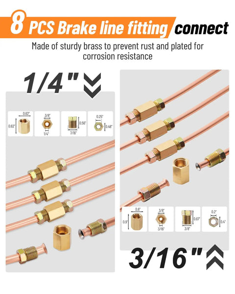 25 Ft Copper Coated Brake Line Kit For Auto Repair, 1/4 And 3/16 Inch Lines, brass fittings and unions detail
