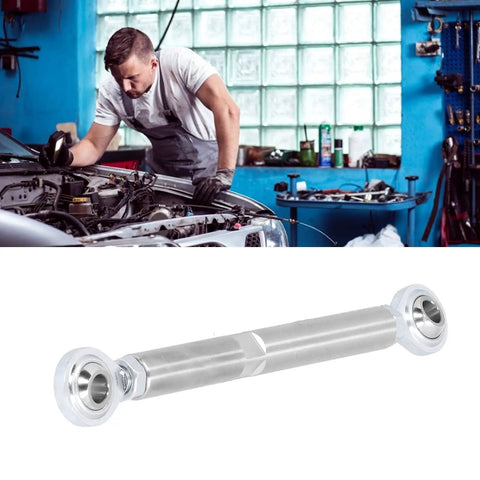 Adjustable Alternator Tensioner Rod Kit For Universal Bracket Fit Five And A Half Inch Length And Five Eighths Inch Diameter Center To Center Adjustable From Seven And A Half To Nine Inches Drag Race Style Heim Joint SBC Compatible Easy Mount silver heim joint rod on engine bay