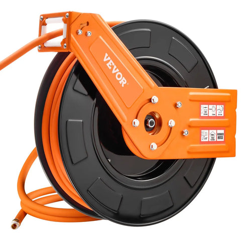 Retractable Air Hose Reel With 100 Foot Rubber Hose Three Eighths Inch 300 Psi Max Auto Rewind Five Foot Lead In
