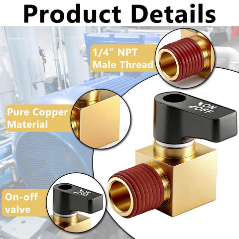 Brass Air Compressor Drain Valve Ball Valve With Lever Handle, 1/4 NPT thread, showing on-off lever and pure copper material detail.