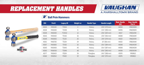 Vaughan ball pein hammers with hickory handles from replacement handles chart