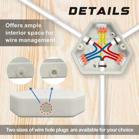 Openable DIY Junction Box For Branch Wire Splices, Three-Wire Electrical Enclosure With Cover, White Plastic Splice Box Kit, No-Hassle Insulated Wire Repair Box Set Of 3, Easy Access, Durable, Easy Install, open box with wires and cable holes