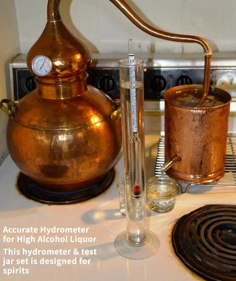 Hydrometer Alcohol Meter Kit 0 to 200 Proof and 0 to 100 Tralle With Test Jar Alcohol Proof Tester For Liquor Moonshine Spirits and Distilled Beverages Easy Home Proofing Tool For DIY Enthusiasts With Precise Readings And Quick Results, glass test jar on distillation setup