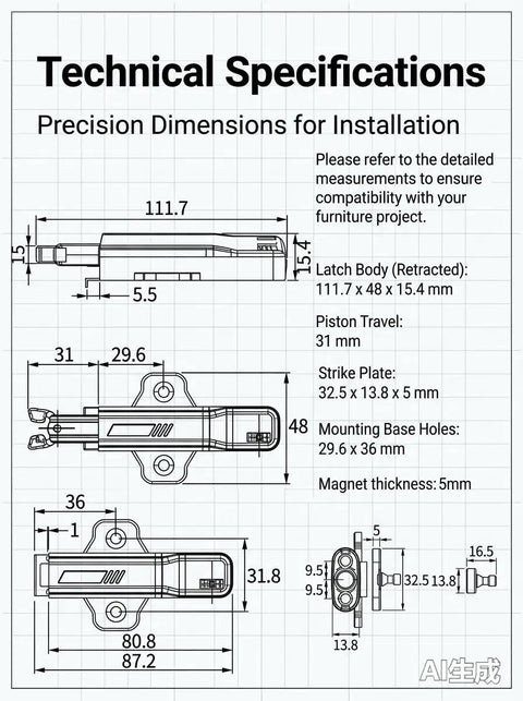 Push To Open Cabinet Hardware 2 Pack Beefed Up Heavy Duty Non Magnetic Touch Latch With Silent Soft Close Rebound Mechanism Hidden For Kitchen Wardrobe RV And Bathroom Cabinet Doors Easy Install technical dimensions diagram, 111.7 mm body