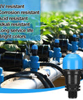 Blue 3/4-inch air release valve for irrigation drip system; close-up foreground showing blue cap and black body