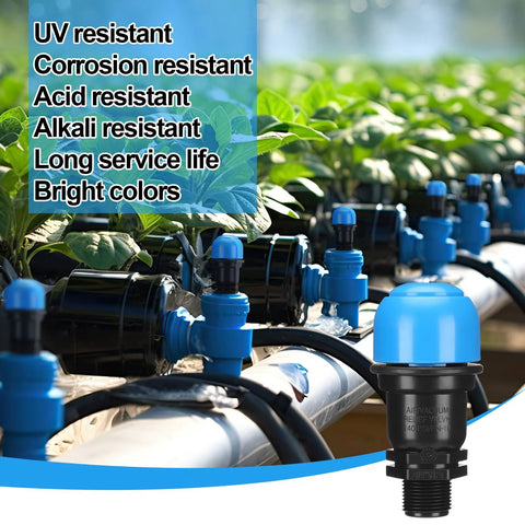Blue 3/4-inch air release valve for irrigation drip system; close-up foreground showing blue cap and black body
