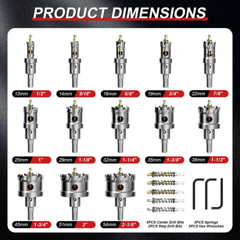 Front view of REKCKRUL 21-piece TCT carbide hole saw kit for metal, 1/2"–2-1/8", with pilots and hex wrenches.