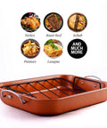 Stainless Steel Roasting Pan With V-Shape Rack And Carving Set 15 By 11.75 Inch Nonstick Roaster Tray Copper Finish for Meat