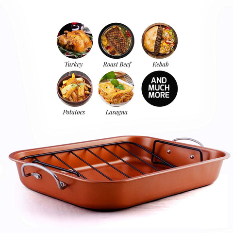 Stainless Steel Roasting Pan With V-Shape Rack And Carving Set 15 By 11.75 Inch Nonstick Roaster Tray Copper Finish for Meat
