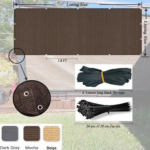 Mocha 12X20 Ft Sun Shade Cloth For Patio And Pergola Breathable Outdoor Shade Fabric With 90 Percent UV Block shown flat with ropes and zip ties