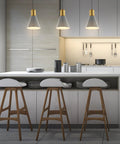 Apollo Style 33.5 Inch Gray And Brass Gold Mid Century Modern Iron LED Pendant lights above kitchen island