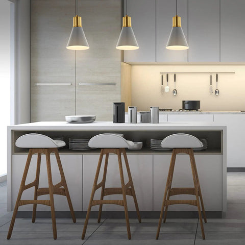 Apollo Style 33.5 Inch Gray And Brass Gold Mid Century Modern Iron LED Pendant lights above kitchen island