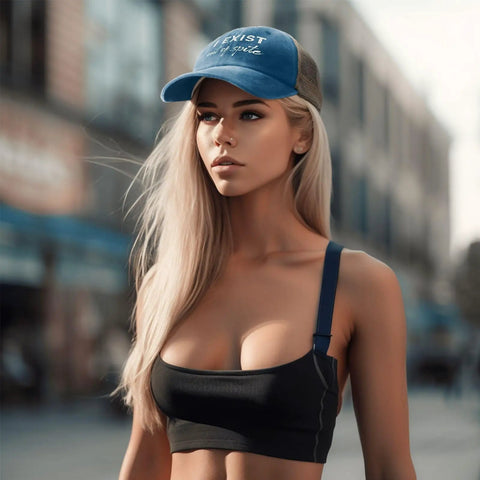 Model wearing Breathable Women's Running Trucker Cap With Adjustable Buckle Lightweight Sport Hat For Outdoors Dope Front Graphic Design