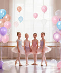 Four girls in ballet costumes surrounded by Pastel Mermaid Balloons Set With Pearl Rose Gold And Metallic Pink Purple Blue Latex Party Balloons
