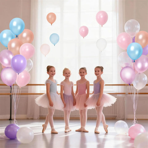 Four girls in ballet costumes surrounded by Pastel Mermaid Balloons Set With Pearl Rose Gold And Metallic Pink Purple Blue Latex Party Balloons