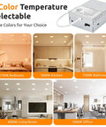 HONZIN 6 Pack 6 Inch Square LED Recessed Lighting, 5CCT, 13W, Dimmable shown in various room setups with 5 color temperatures.