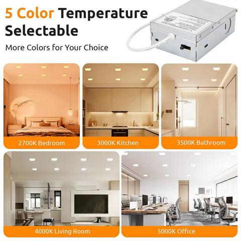 HONZIN 6 Pack 6 Inch Square LED Recessed Lighting, 5CCT, 13W, Dimmable shown in various room setups with 5 color temperatures.