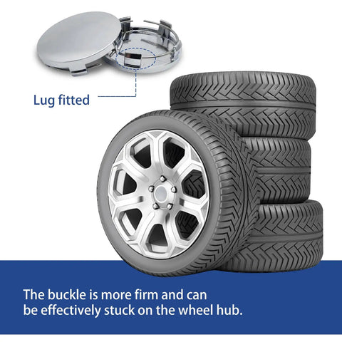 Rock Solid 4 Pack Silver Wheel Center Hub Covers Featuring Zero Sweat Snap On Install And Rust Proof Abs Plastic To Fit 60 Mm Outer Diameter And 56 Mm Inner Bore For Slick Daily Cruising with lug fitted design.