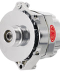 Powermaster chrome Delco 150A alternator, front view with pulley