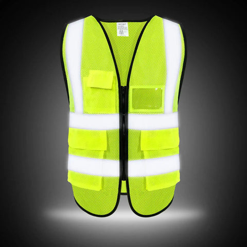Road Warrior Reflective Safety Vest With Five Big Cargo Pockets And Secure Full Zipper Front Ansi Approved Super Bright Neon Yellow High Viz Workwear, front view.