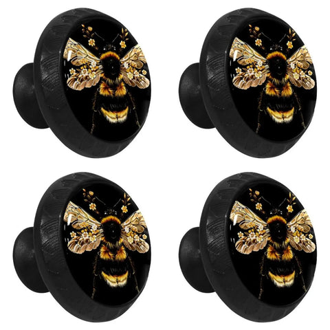 4 Pack Matte Black Bee Cabinet Knobs With Screws, Round dresser drawer pulls featuring bee design, top view
