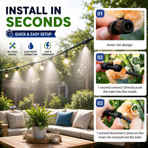 Installation of Outdoor Patio Misting System 50Ft With 8 Brass Nozzles and Water Filter DIY Kit in a garden setting.