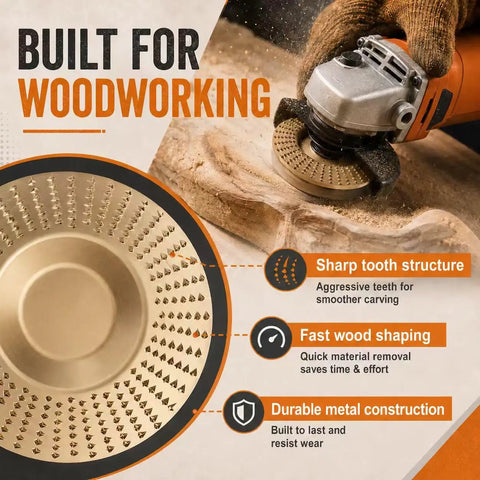 14 Piece Wood Carving Disc Set For Angle Grinder in use on wood, showing sharp tooth structure and metal construction.