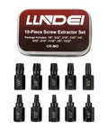 Screw Extractor Set 10 Piece Hex Head Easy Outs For Stripped Fasteners MultiSpline EZ Out Kit From One Eighth To Thirteen Thirty Second Inch Heavy Duty Pro Grade CRMO Hardened Extractors For Broken Screws shown with metal box and various sizes. 