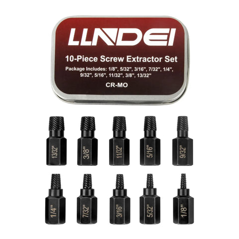 Screw Extractor Set 10 Piece Hex Head Easy Outs For Stripped Fasteners MultiSpline EZ Out Kit From One Eighth To Thirteen Thirty Second Inch Heavy Duty Pro Grade CRMO Hardened Extractors For Broken Screws shown with metal box and various sizes. 