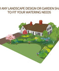 Illustration of 50 Ft Daisy Garden Hose And Sprinkler System for easy DIY plant watering in yard with colorful daisy sprinklers